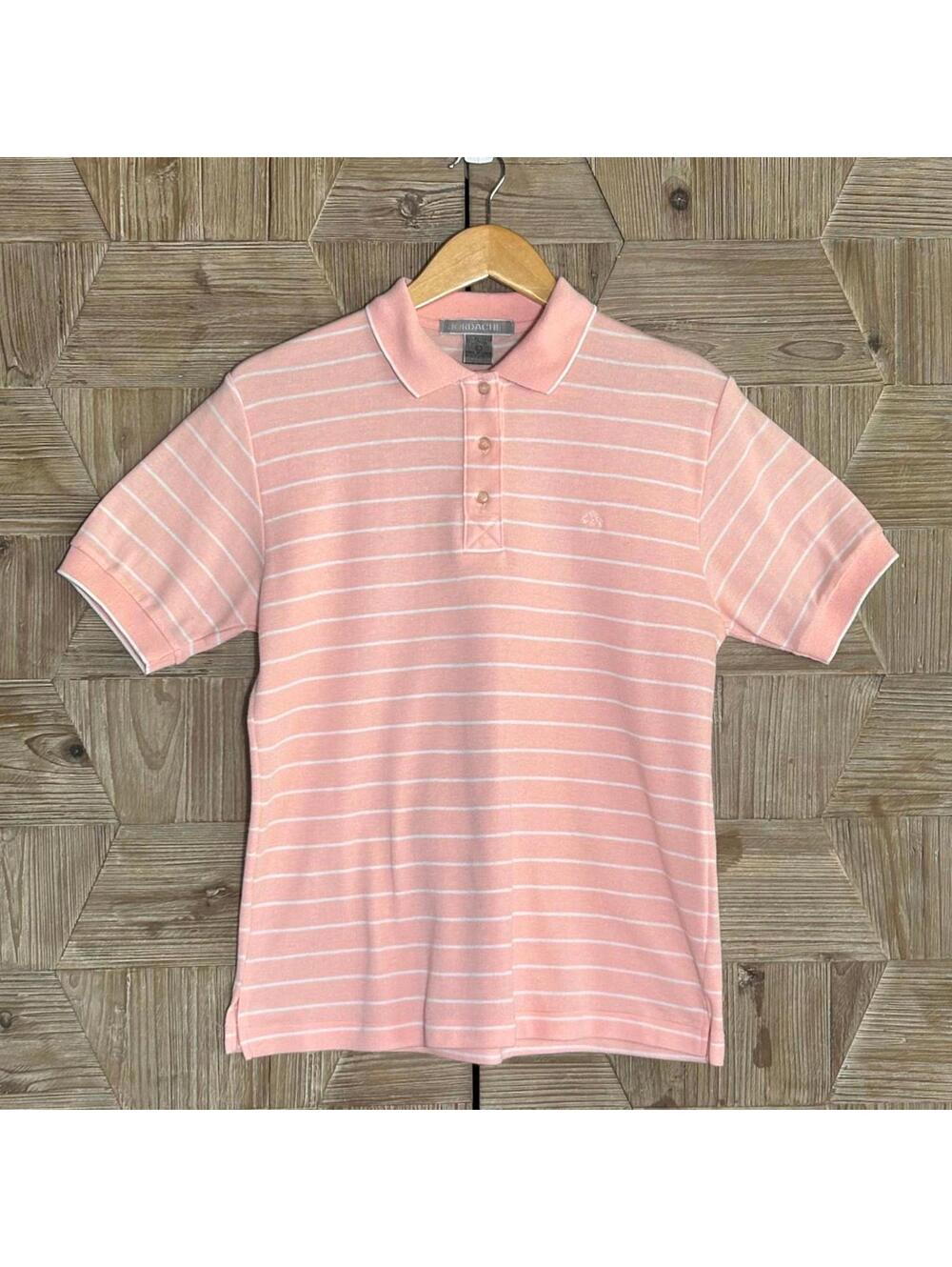 Jordache Vintage Striped Polo Shirt Pink White Short Sleeve Large Retro Preppy